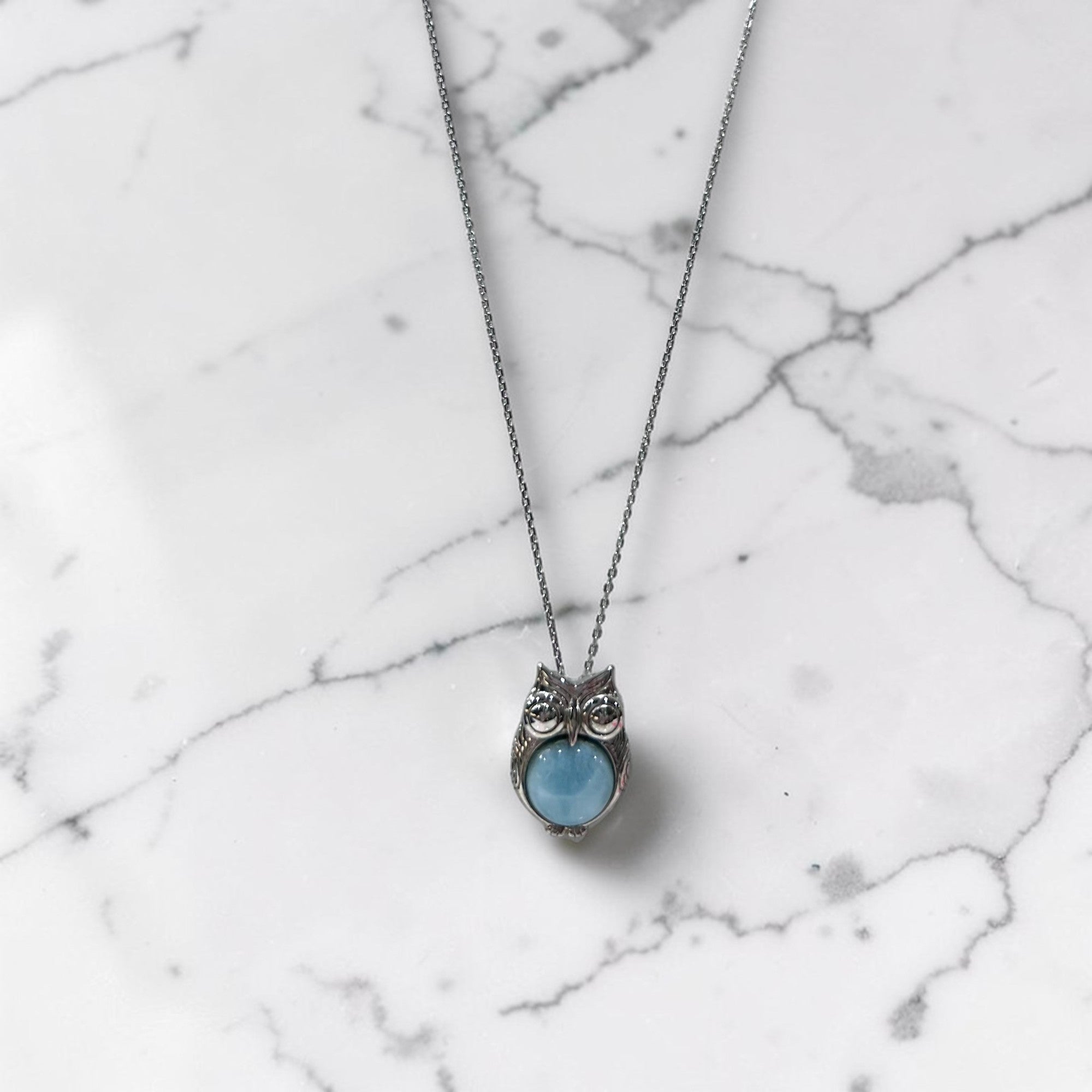 Sterling silver Larimar Owl Pendant Necklace