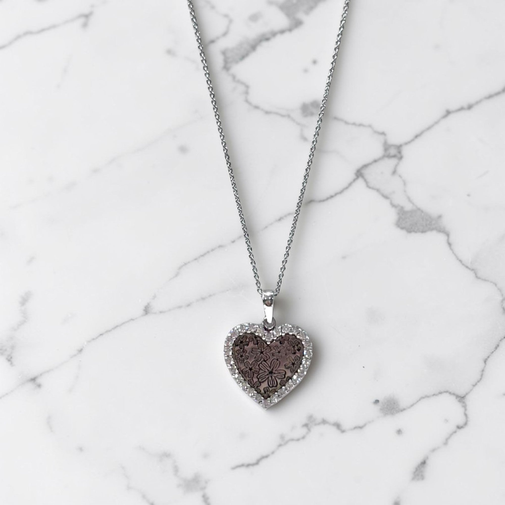 Sterling Silver CZ Border Heart Necklace