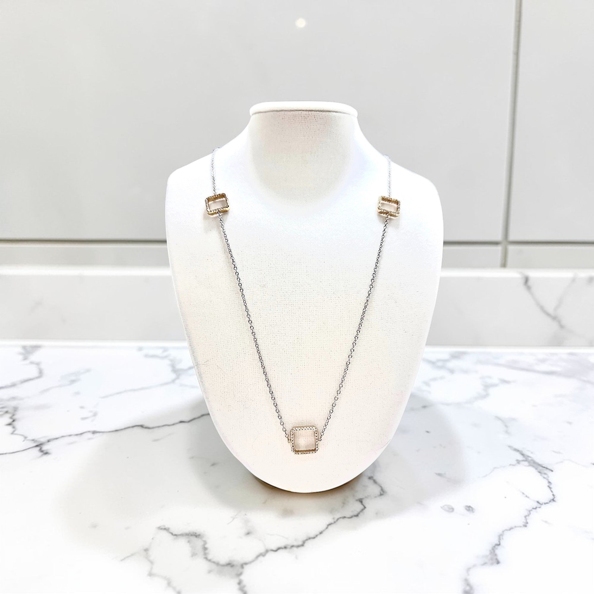 Sterling Silver 2 tone Square Pendant Necklace